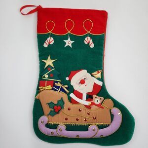 Vintage SANTA Sleigh Applique Christmas Stocking Sequined Velour Felt 3D